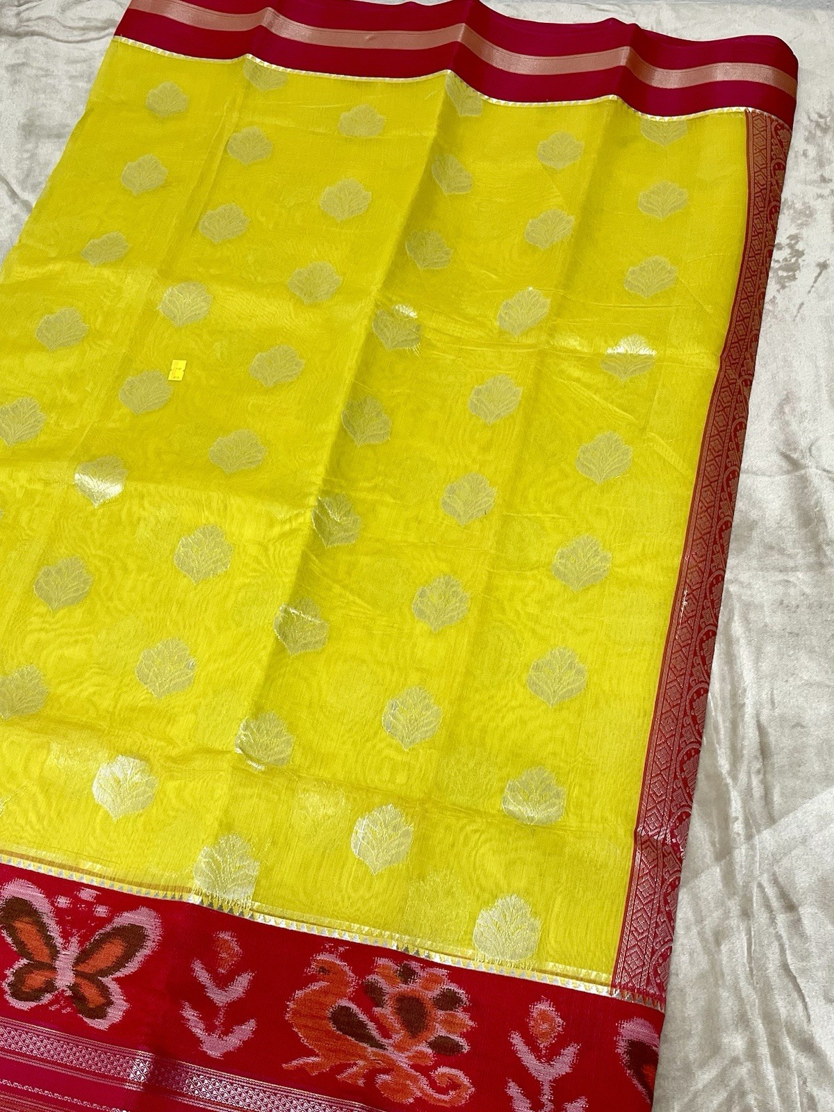 Yellow Red Gold Silk Blend Saree with Floral Geometric Patterns Unstitched