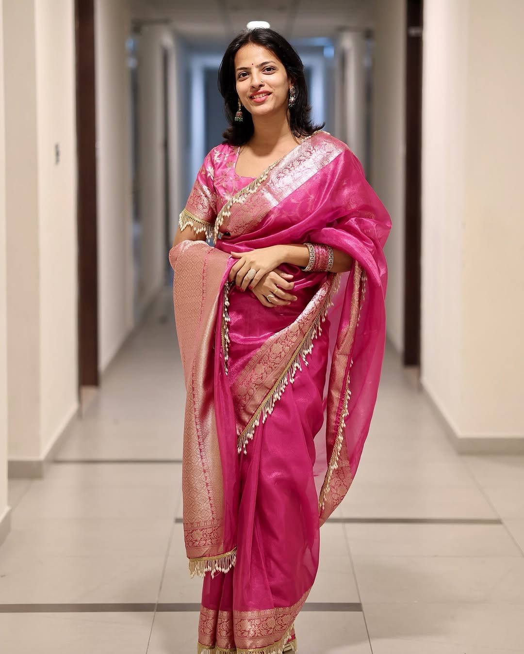 Premium Banarasi Tissue Silk Saree Pink Designer Lace Border Wedding Wear Sari