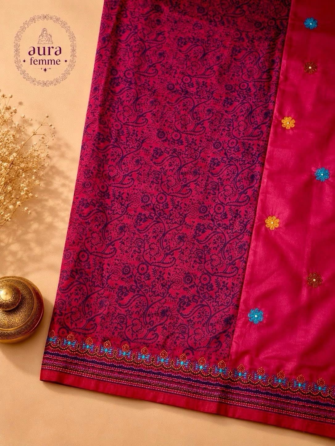 Fuchsia Color Silk hand stiched Saree w/ Tassels | Women Unstitched blouse