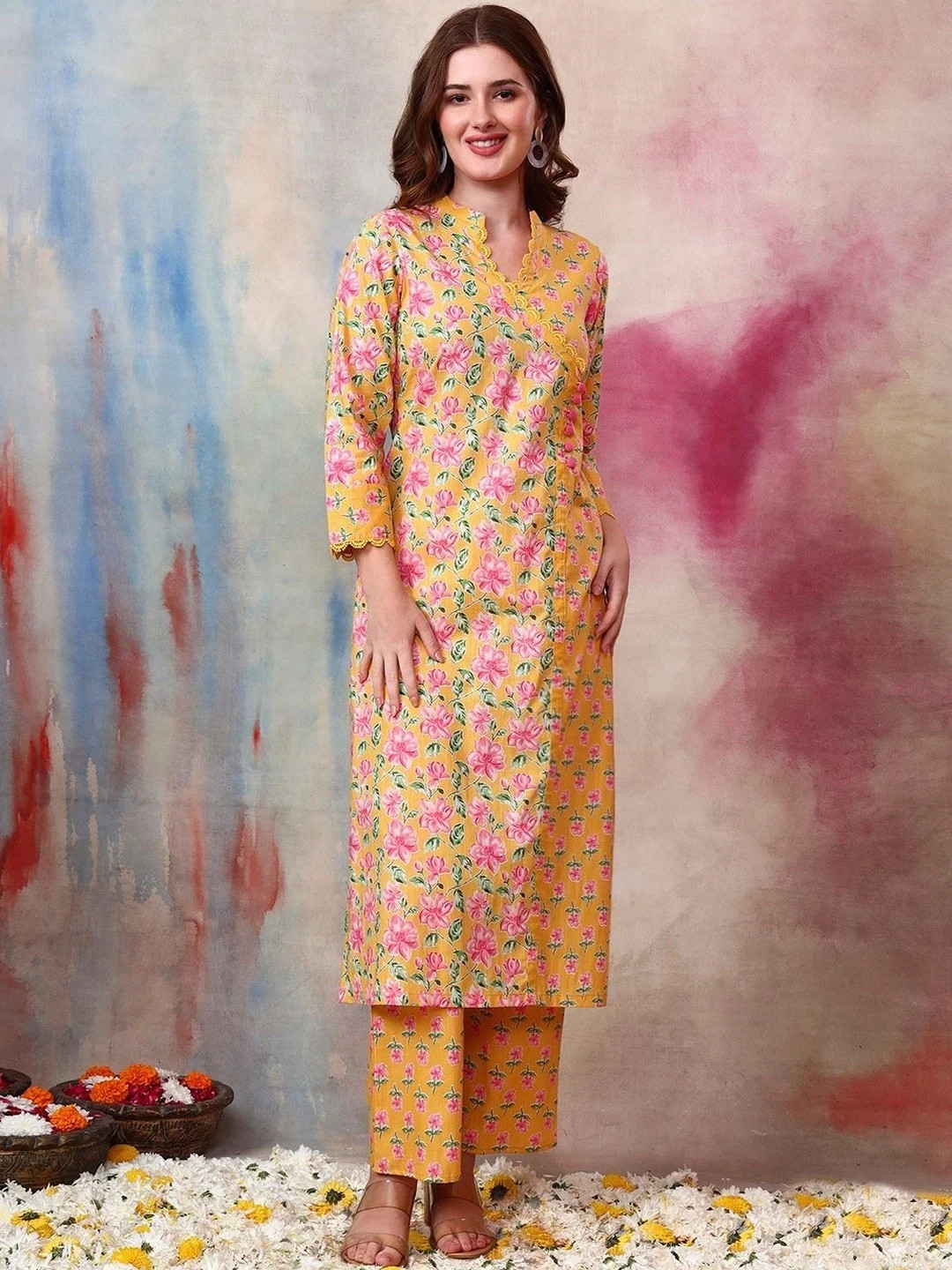 Indian Women Yellow & Pink Pure Cotton Floral Printed Kurta with Trouser Set