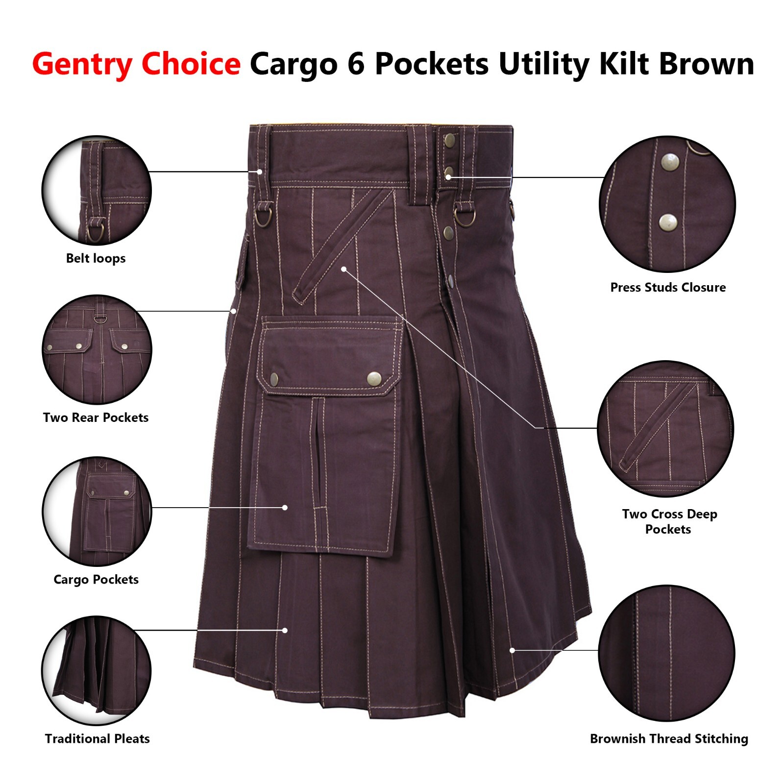 Utility Cargo Kilt Brown with 6 Pockets Scottish Kilt for Men Highlander Outfit