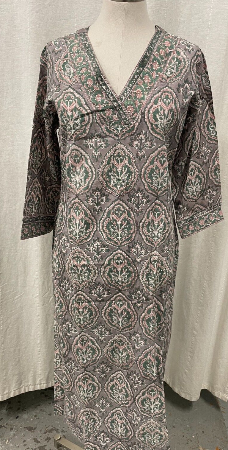 Farida Gupta Medium Designer Block Print Long Kurta Dress Tunic Kurti New Tag