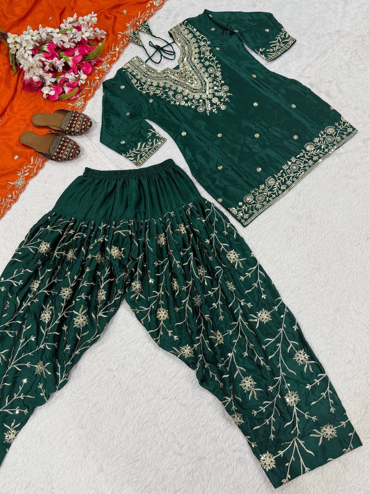 Heavy Chinnon Silk Green Top Dhoti With Dupatta For Women/Girls Wear