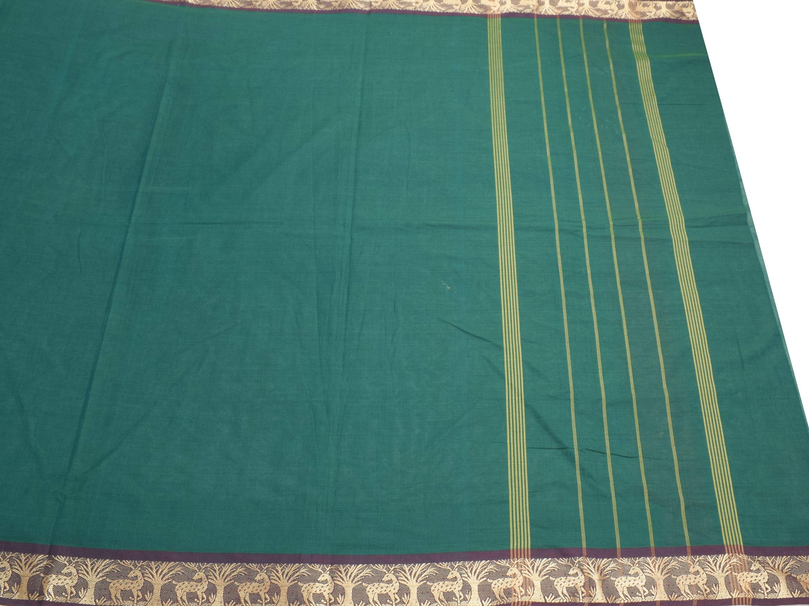 Sushila Vintage Pure Cotton Handloom Saree Dark Green Stripes Deer Woven Sari Fa