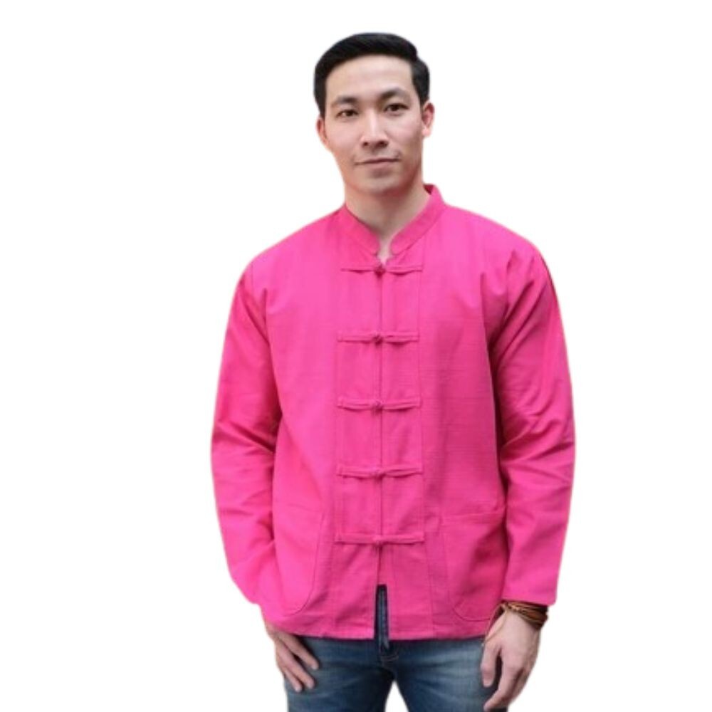 Thai Shirt Cotton Long Sleeve Traditional Men’s Casual Men Pink Size Xl 2Xl Dres