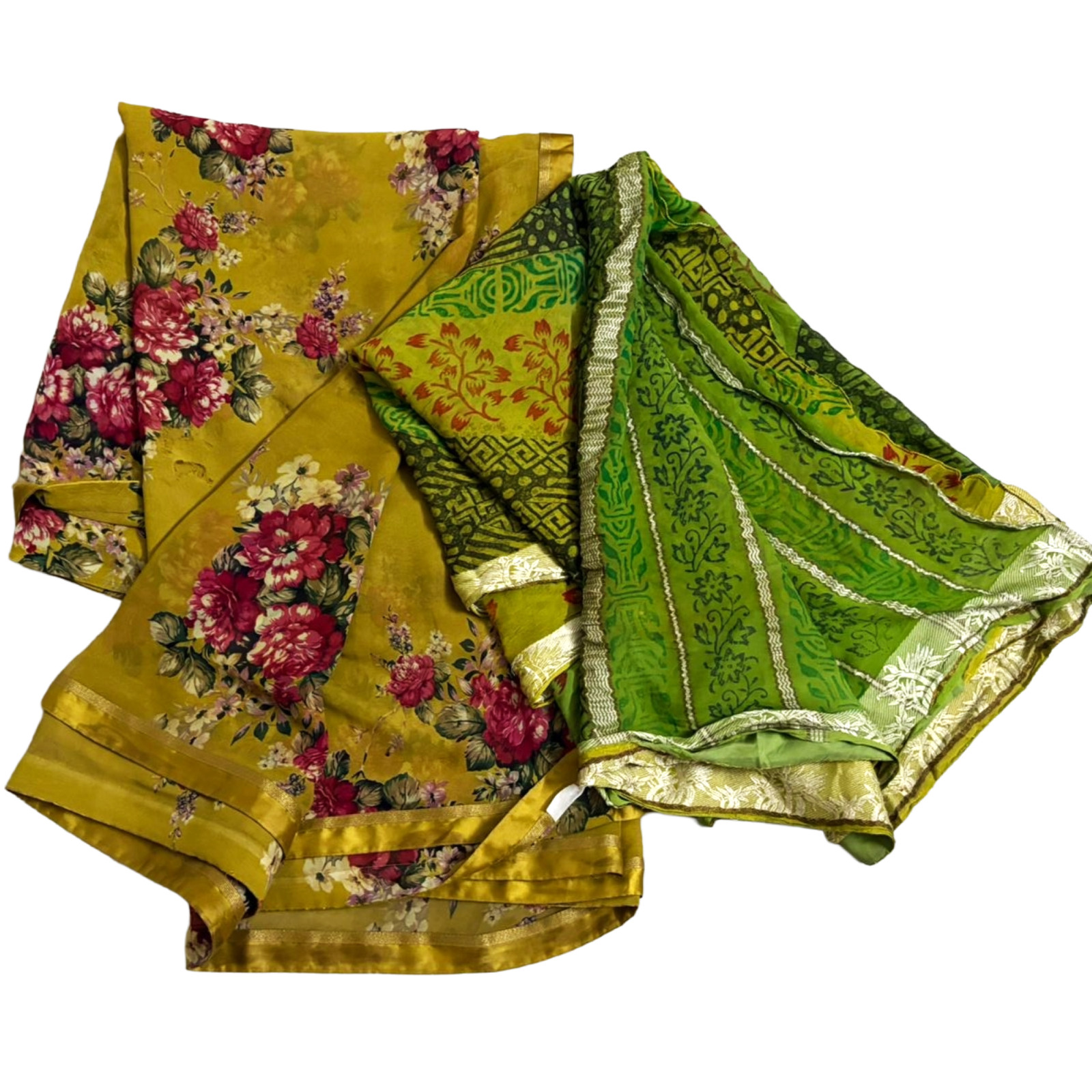 Indian Lot of 2 Pcs Saree Women Wrap Green Home Decor Printed Used Georgete Sari