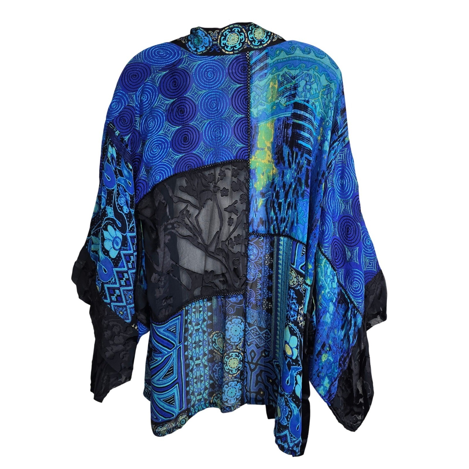 Chico’s Silk Blend Patchwork Kimono Jacket Blue Purple Burnout Velvet Size S/M