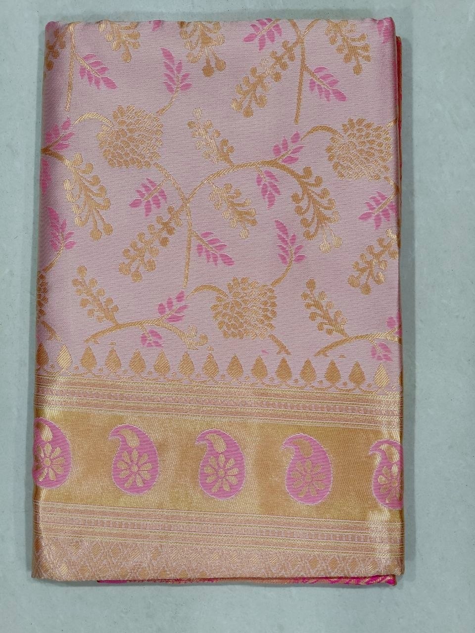 Wedding Wear Golden Beige Pink Lichi Silk Saree Jacquard Weaving Indian Ethnic