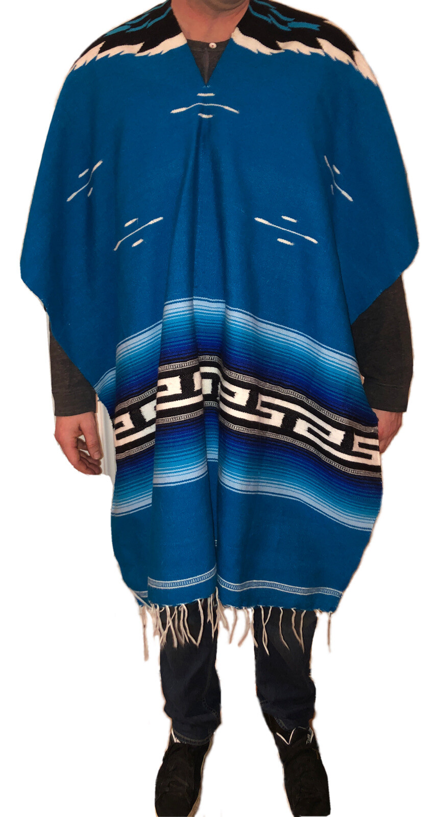 Vintage Teal Blue Blanket Poncho / Serape made in Mexico w Geometric Print