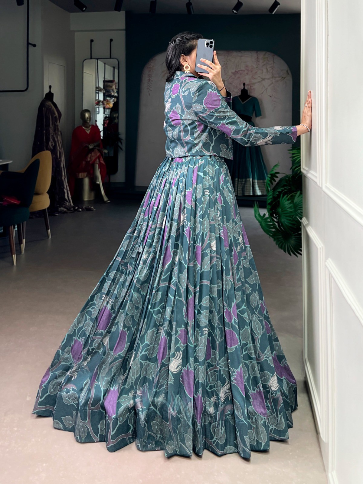 Tasar Silk Lehenga Choli with Koti Printed Indian Wedding Festival Outfit