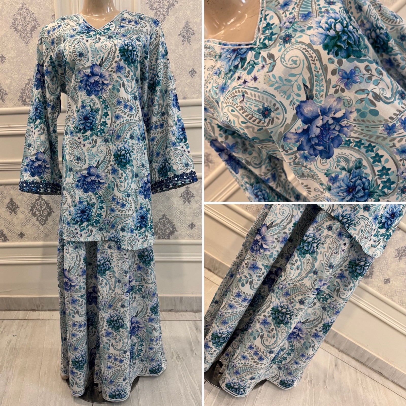 Pakistani White & Blue Embroidered Cambric tailored 2-Piece dress ,M