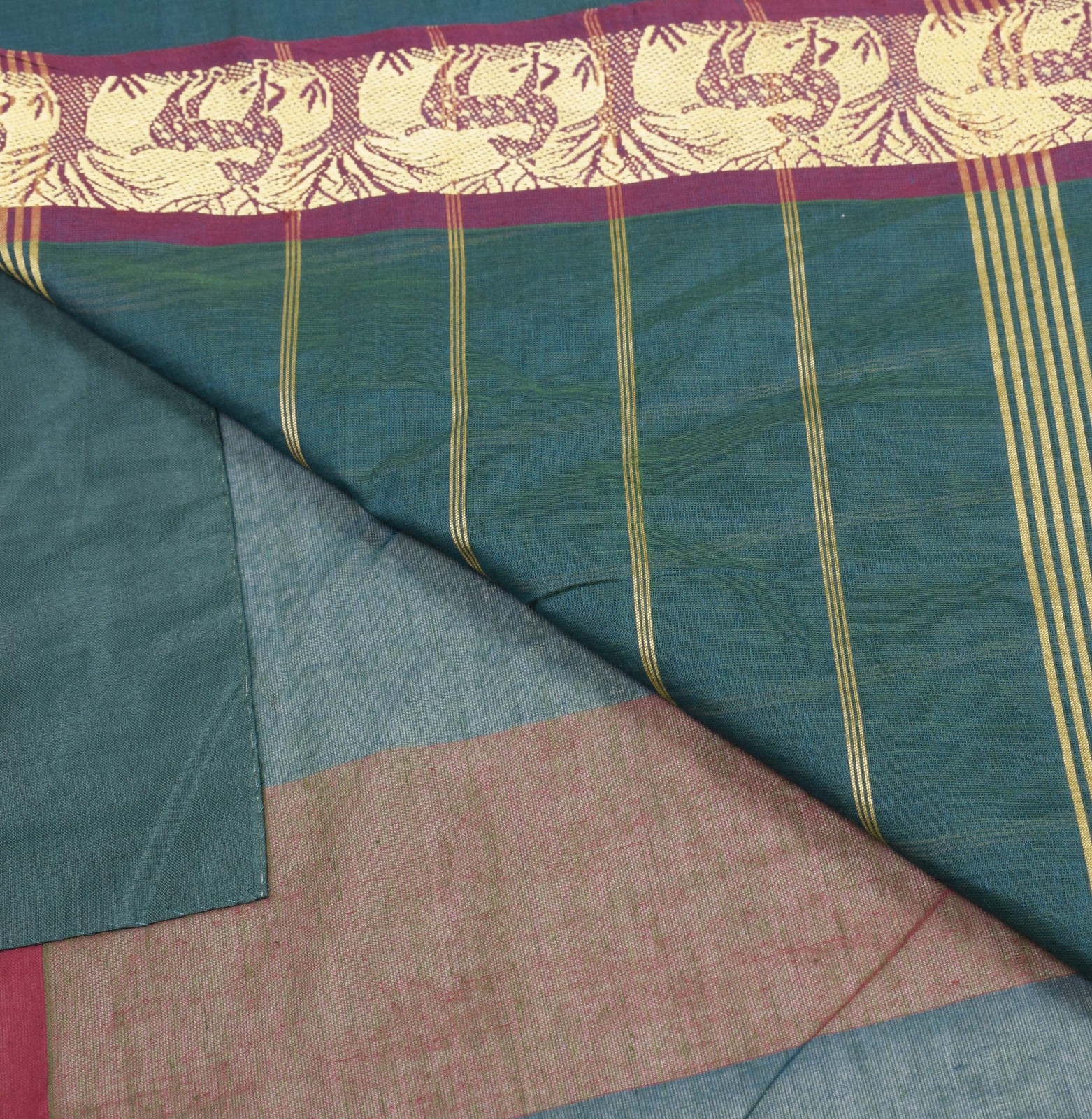 Sushila Vintage Pure Cotton Handloom Saree Dark Green Stripes Deer Woven Sari Fa