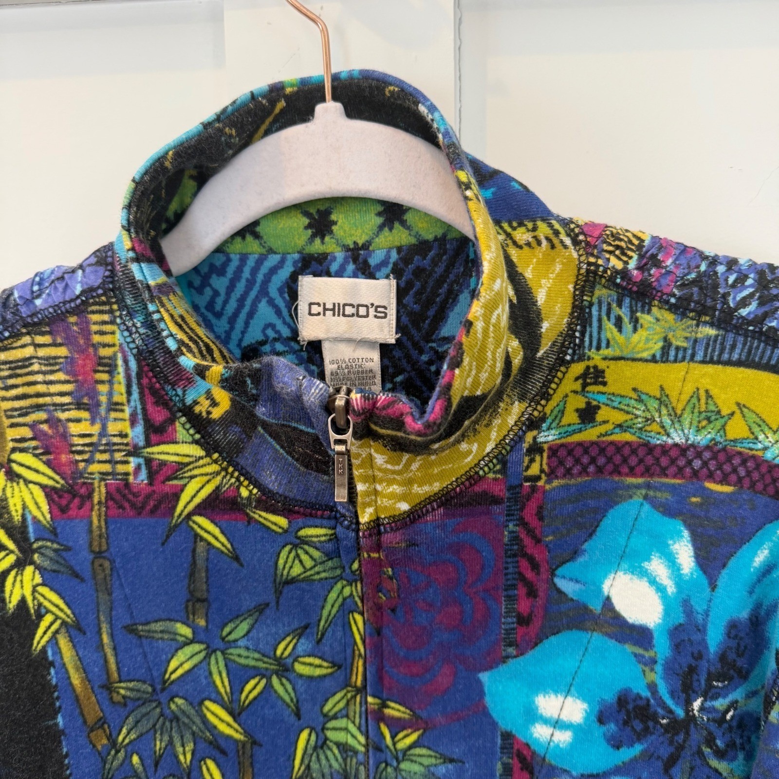 Vintage Chicos Jacket Art To Wear 100% Cotton Asian Buddha Blue Purple 2 Large