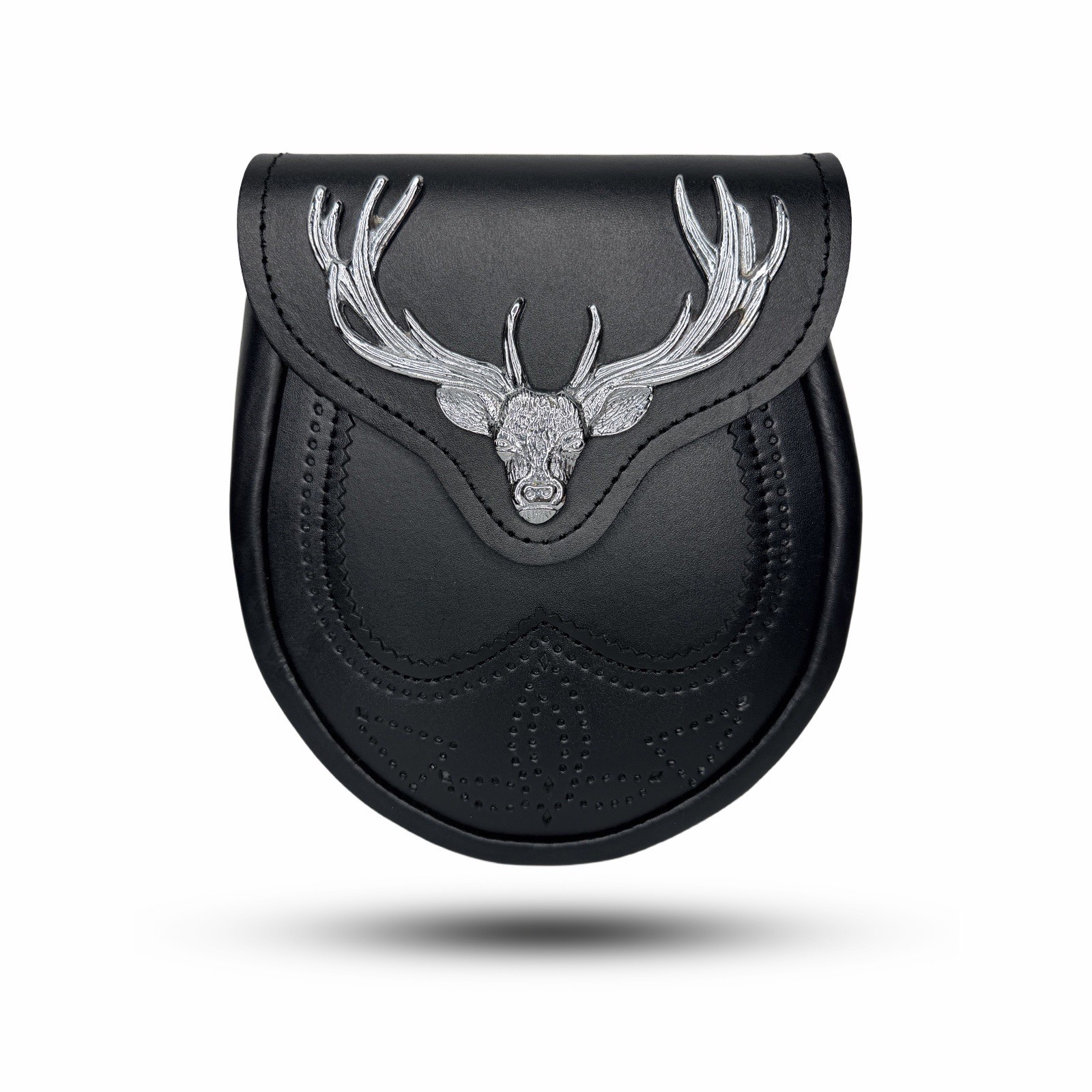 New Scottish Black Leather With Silver Stag Head Emblem / Chain & Strap