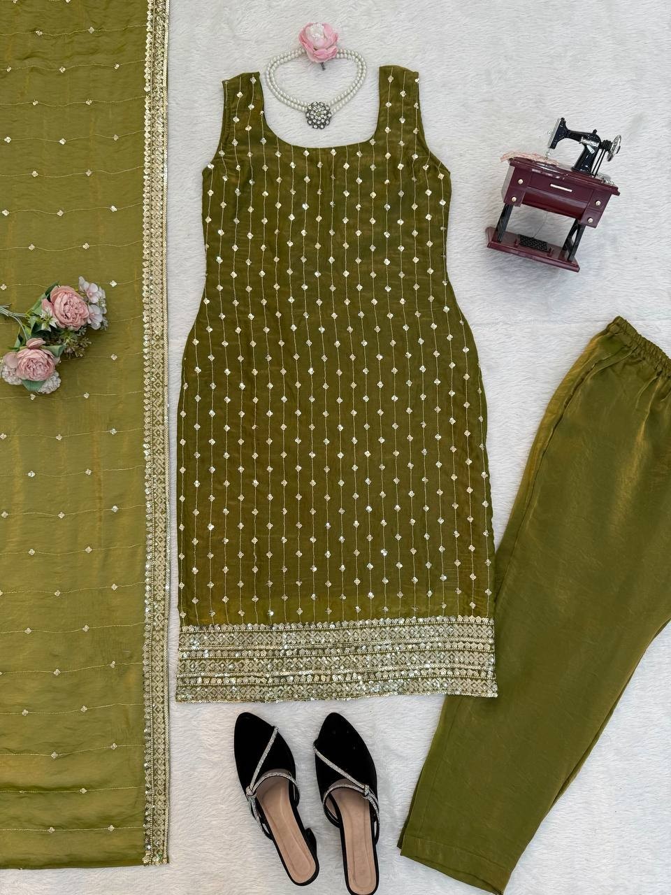 Stunning Look Silk Olive Green Salwar Kameez With Dupatta For Functional Wear