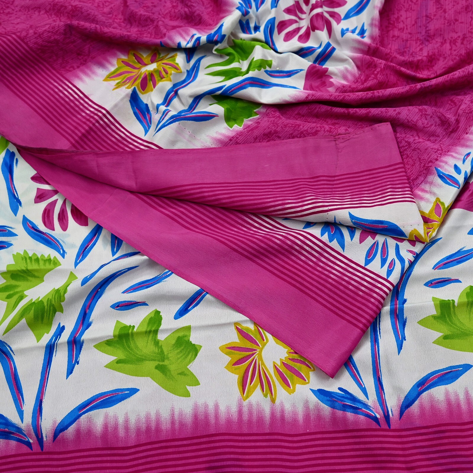Vintage Sari Ivory & Pink Moss Crepe Printed Sarees 5yd Craft Fabric Sewing Soft