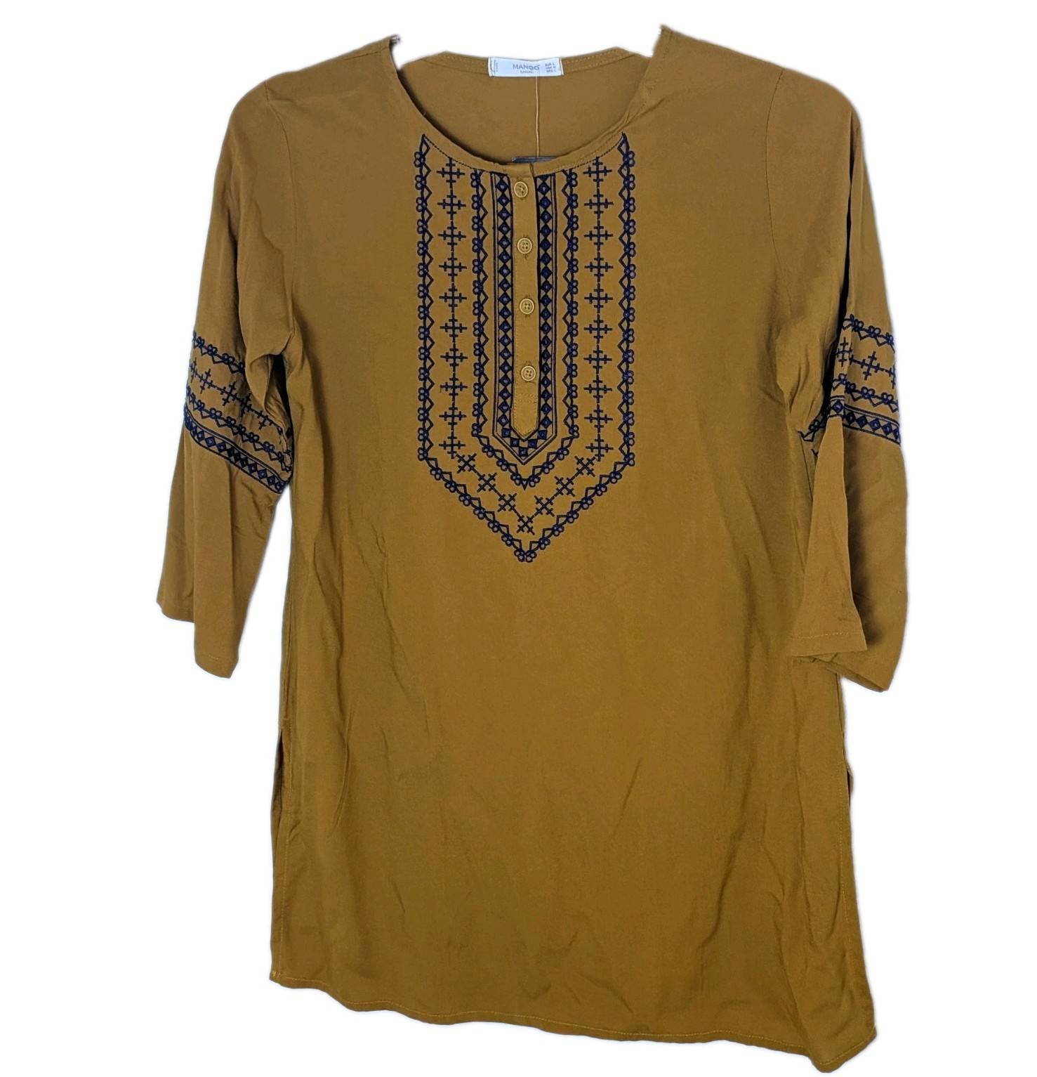 Mango Mustard Yellow Embroidered Kurta Kurti Tunic Boho Indian Size L Hippie New
