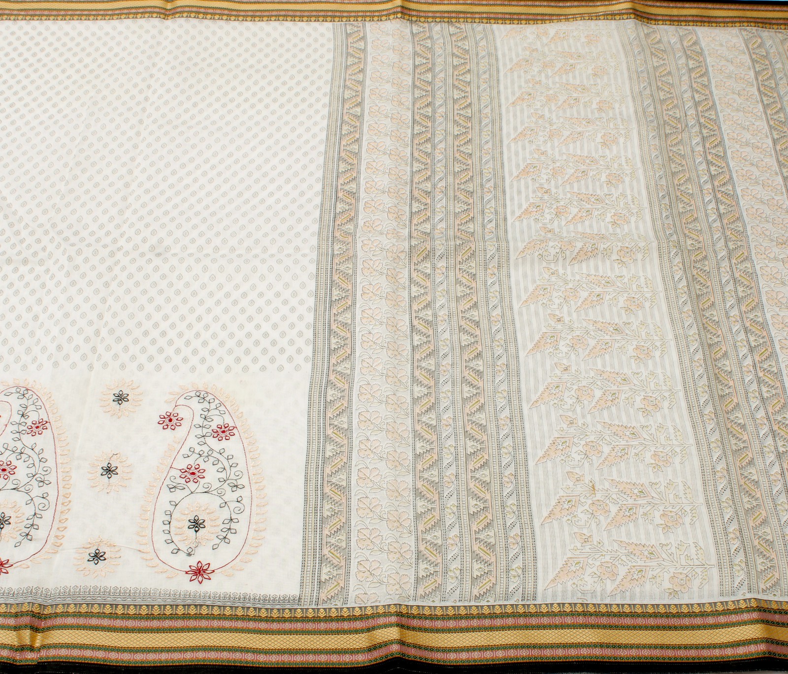 Sushila Vintage White Saree Blend Cotton Printed & Hand Embroidered Sari Fabric