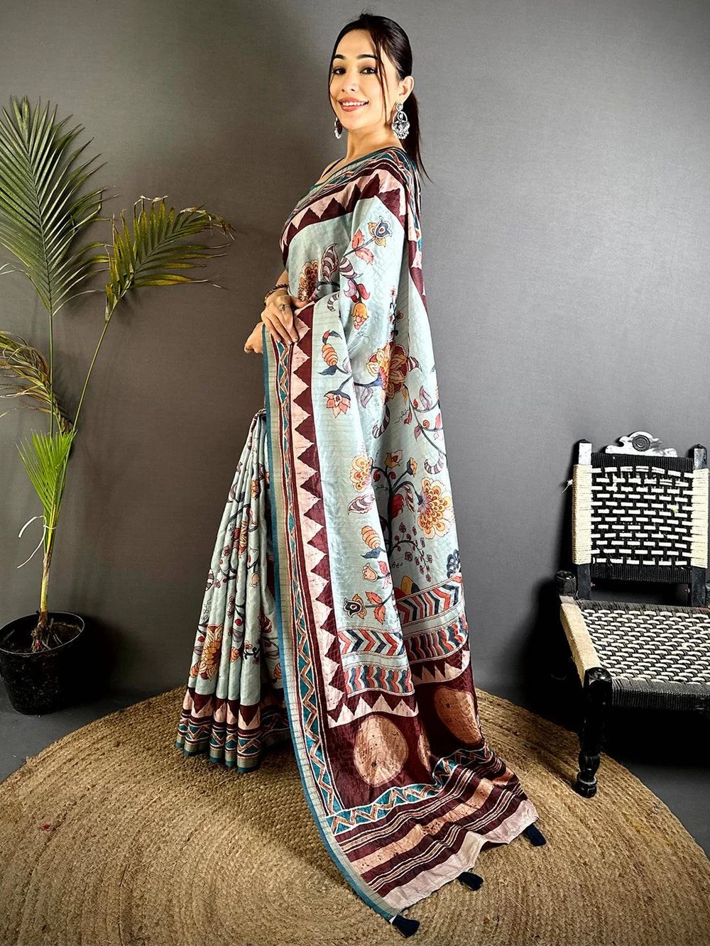 Women’s Saree Ajrakh Kalamkari Tussar Silk Blue Color With Blouse Piece