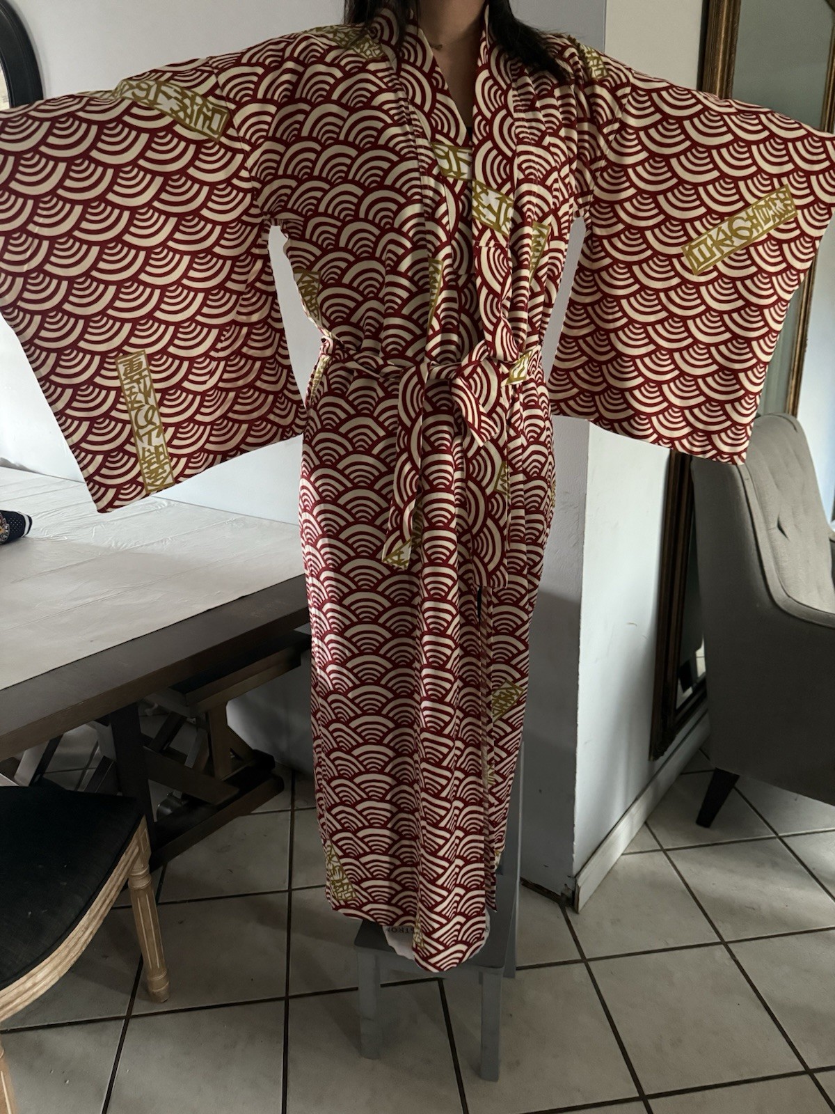 Kimono Multi-Color Red Wave Pattern with Sumo and Fish Design Size 170