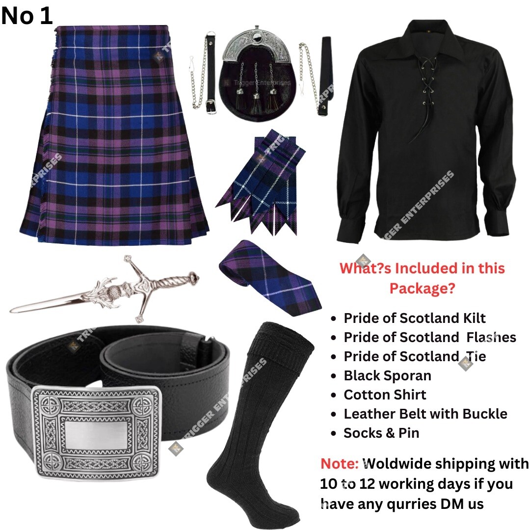 Handmade 8 yard 16oz Pride of Scotland Tartan Kilt Outfits for Men -Custom Size