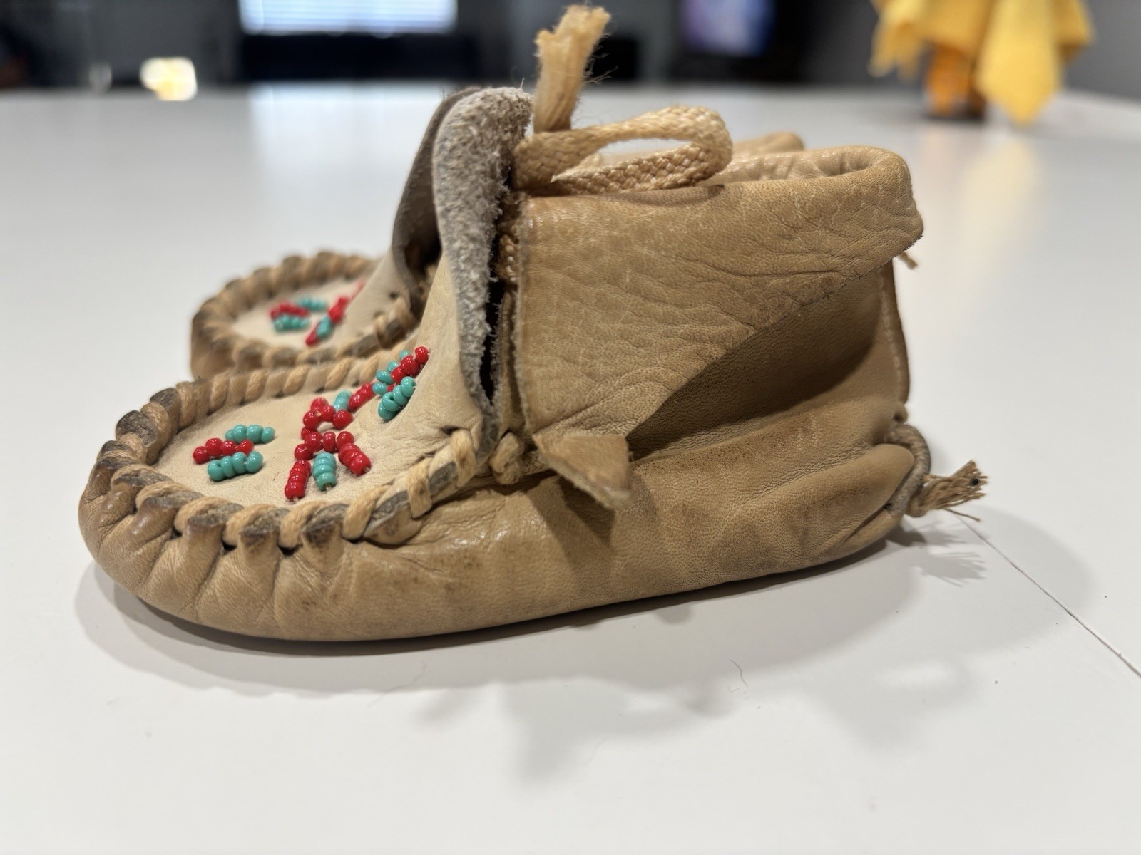 Vintage Handmade Beaded Leather Infant Baby Moccasins / Possible Doll Moccasins