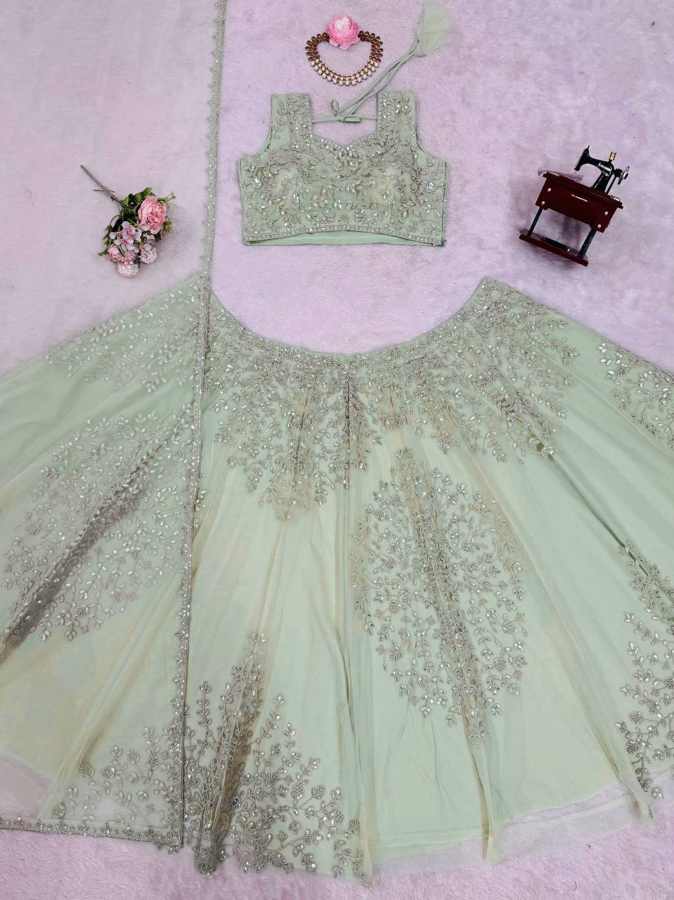 Latest Soft Butterfly Net Lehenga Choli And Pista Green Dupatta For Wedding Wear