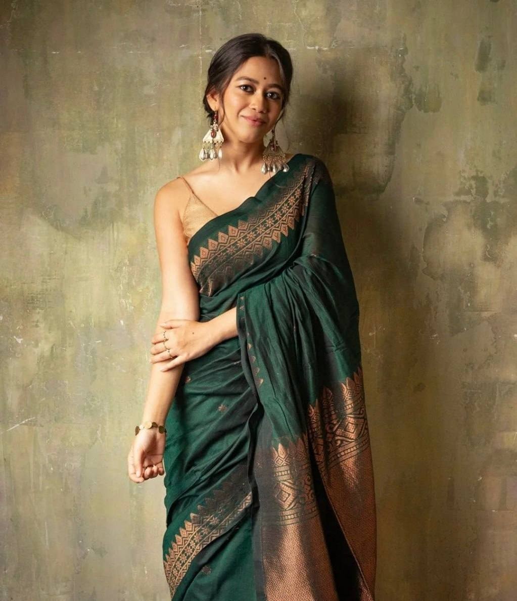 Women Soft Lichi Silk Green Saree With Blouse Indian Designer Wedding Party Wear
