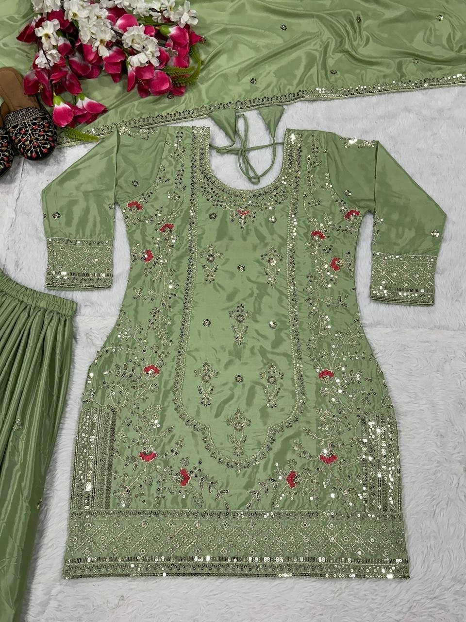 Festival Wear Pista Green Natural Crepe Kurta Palazzo With Dupatta For Women