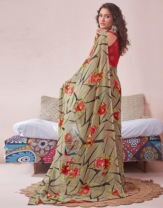 Women’s Floral Printed Georgette Saree with Unstitched Blouse Piece