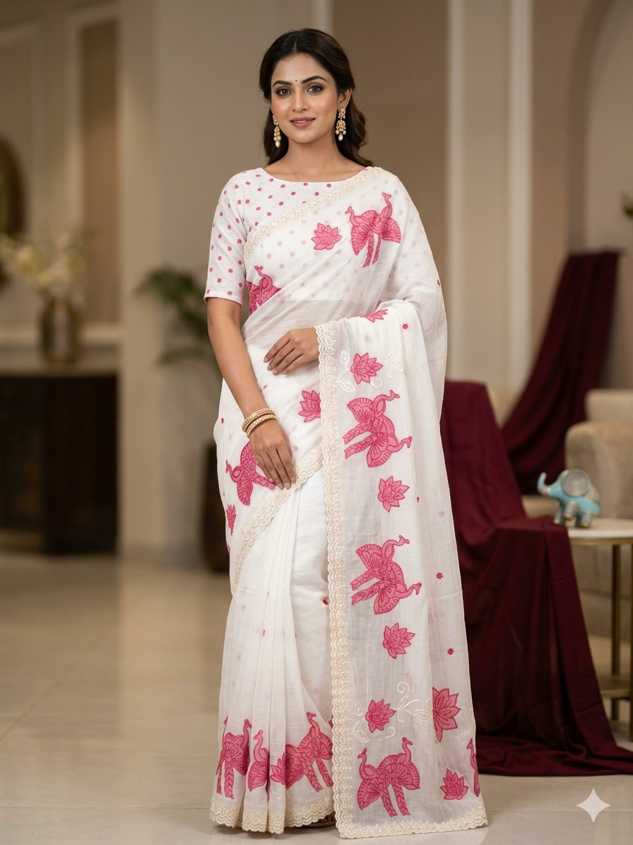 Women’s Crunchy Silk Saree Peacock Lotus Applique Embroidered Indian Sari+Blouse
