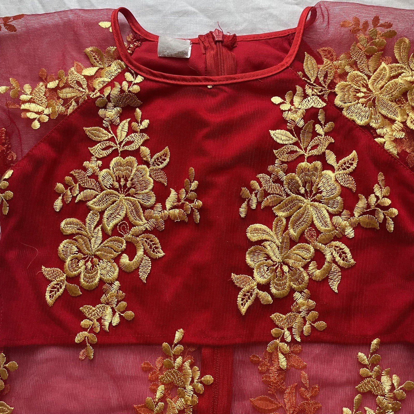 Traditional Vietnamese Red Dress with Gold Floral Embroidery, 5