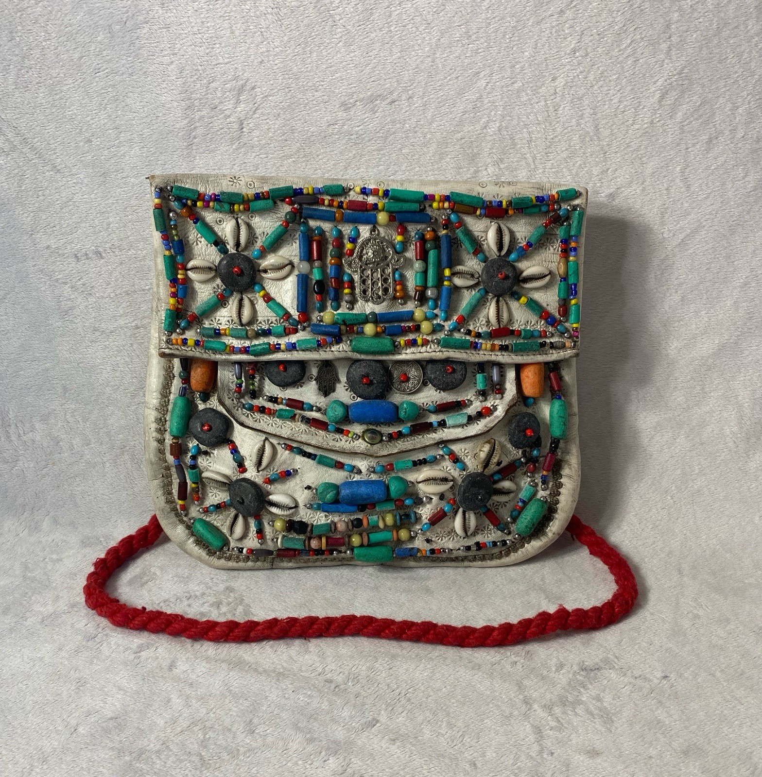 Antique Moroccan Berber White Leather Shoulder Bag Beaded Tribal Folk Art Purse