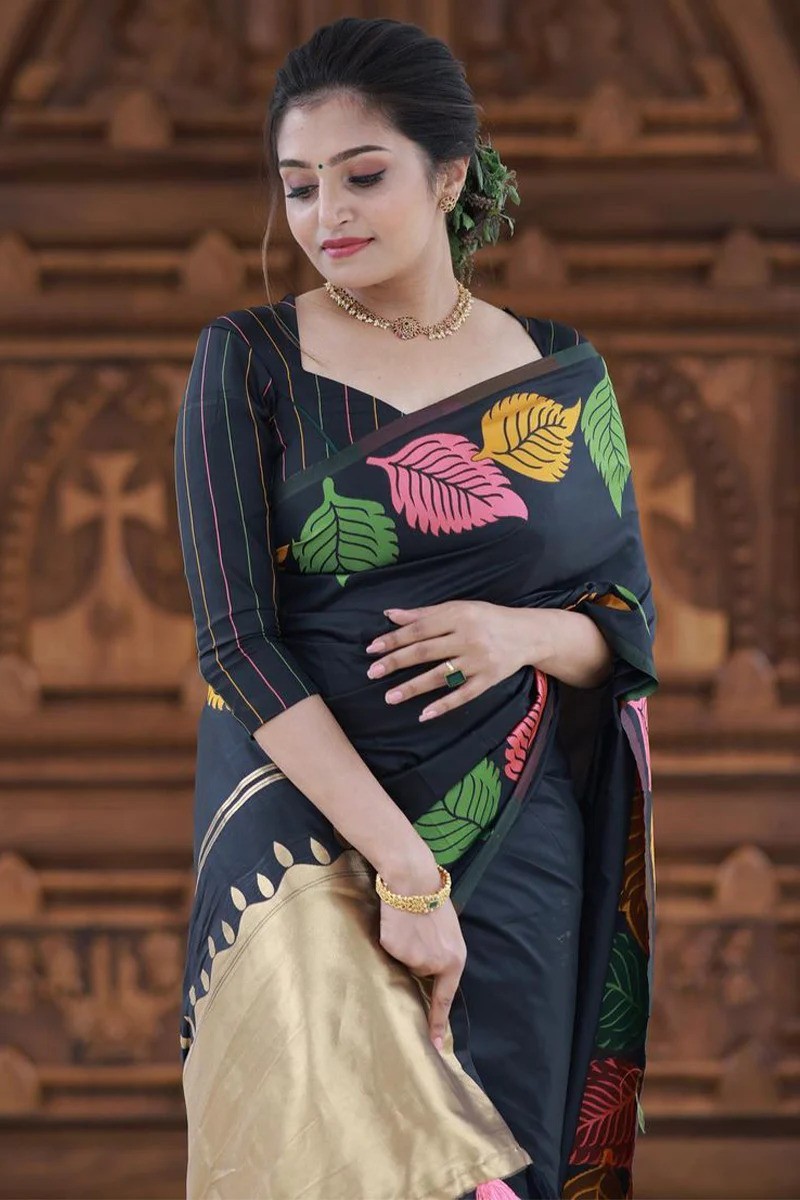 Women Banarasi Silk Saree Zari Leaf Jacquard Work Black Color With Blouse Piece