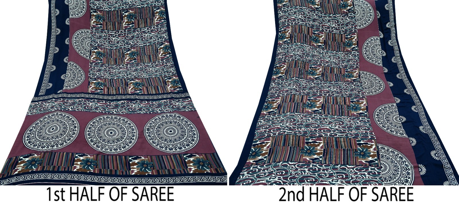 Vintage Sari Pink & Blue Moss Crepe Printed Sarees Craft Fabric 5yd Sewing Soft
