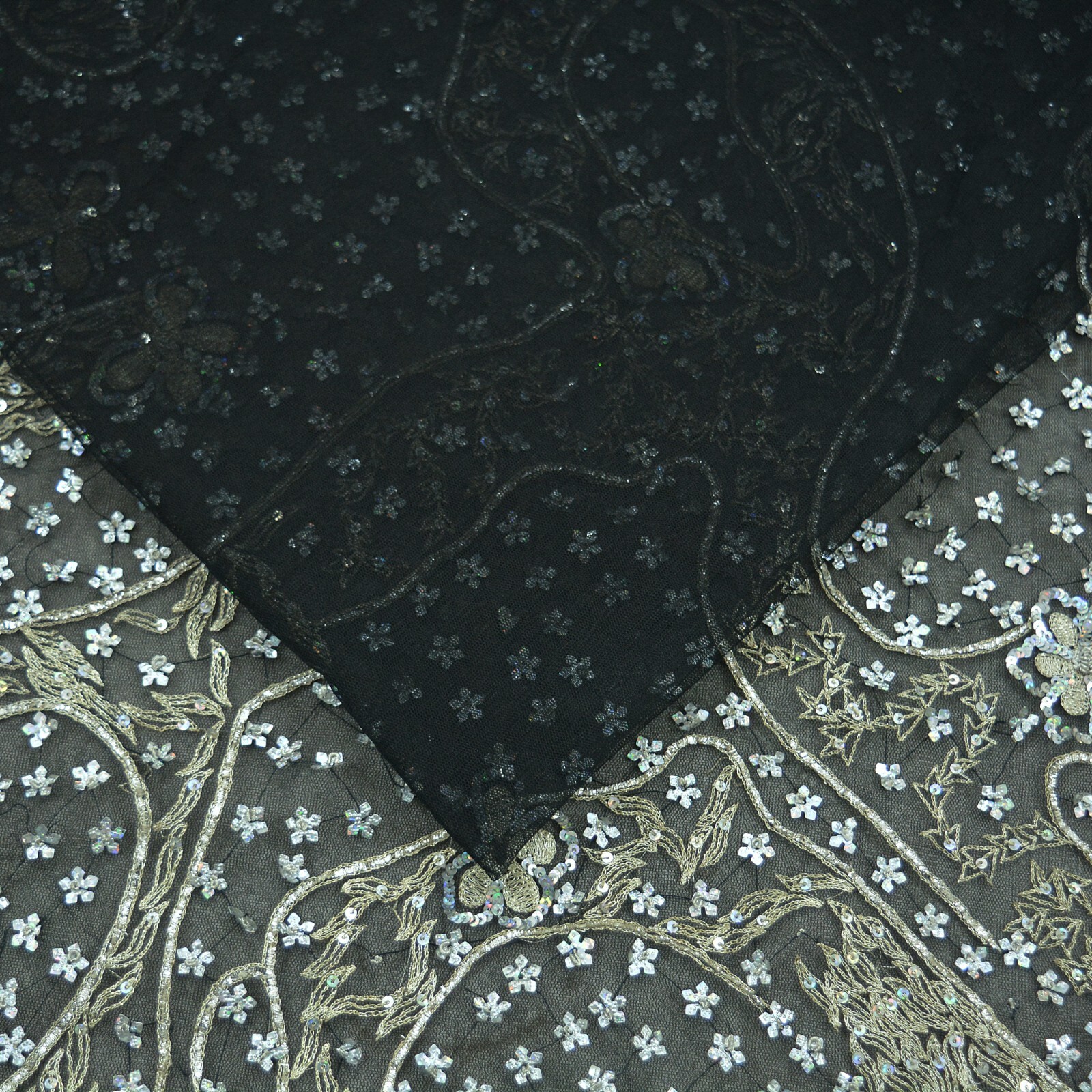 Indian Vintage Black Sarees Net/Mesh Hand Embroidered Sari Fabric 5Yd Ethnic