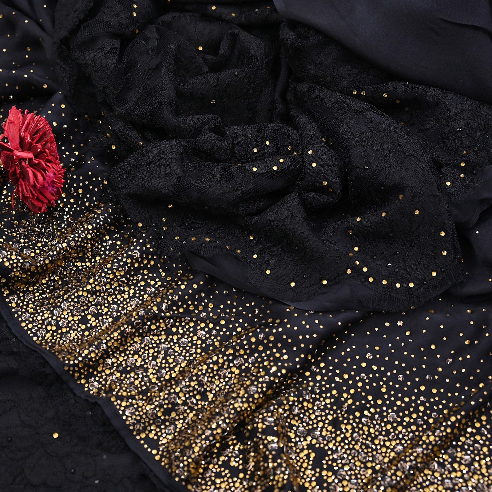 Rare Vintage Black Net Pure Satin Silk Saree Hand Embroidered Fabric 5 Yards Sa