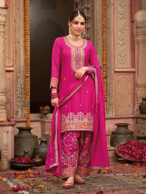 Designer Chinon Embroidered Suit – Top, Dupatta & Farshi | Festive Wear | suit