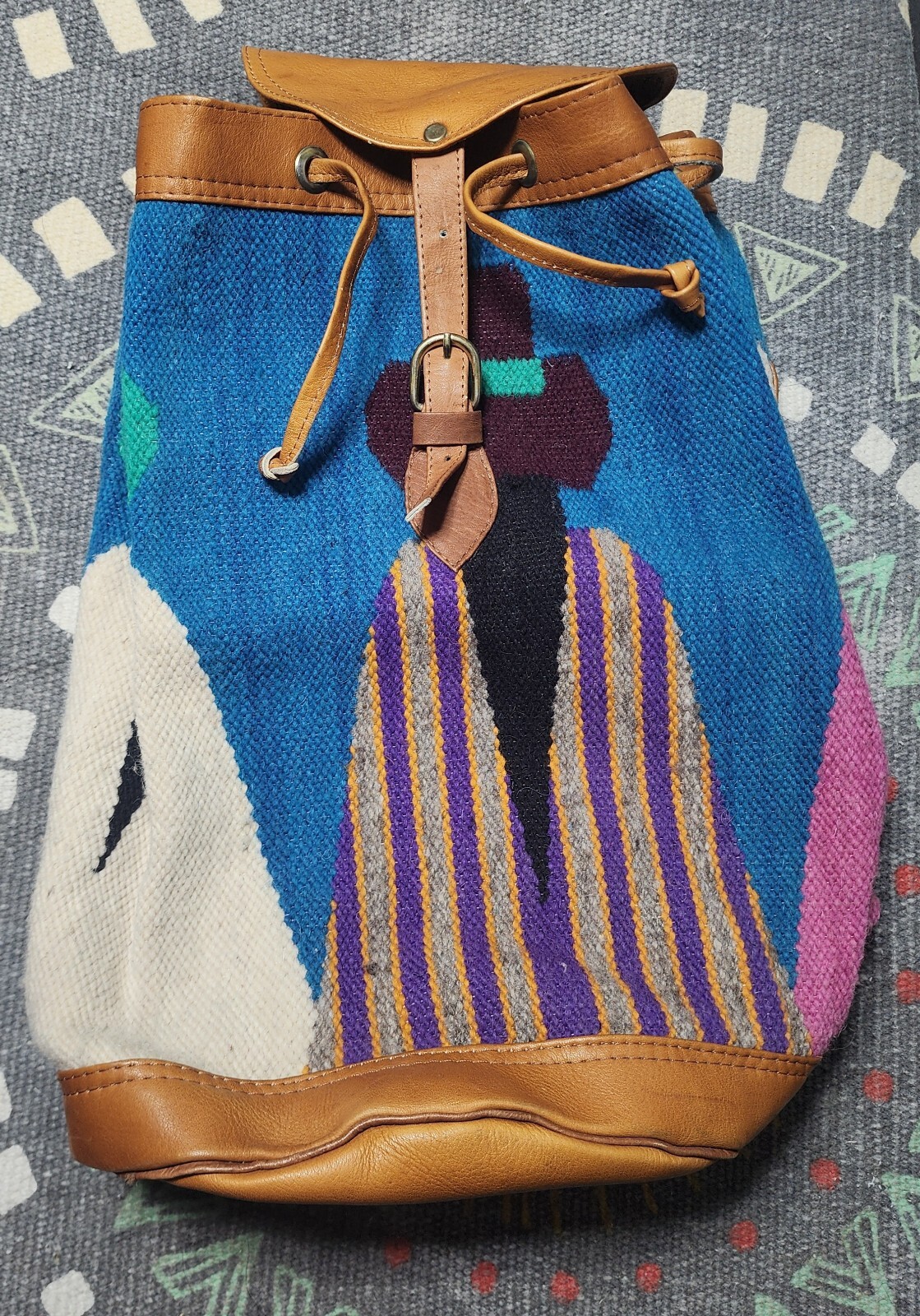 Original Peruvian Woven Wool & Leather Backpack. Three Amigos, adjustable straps