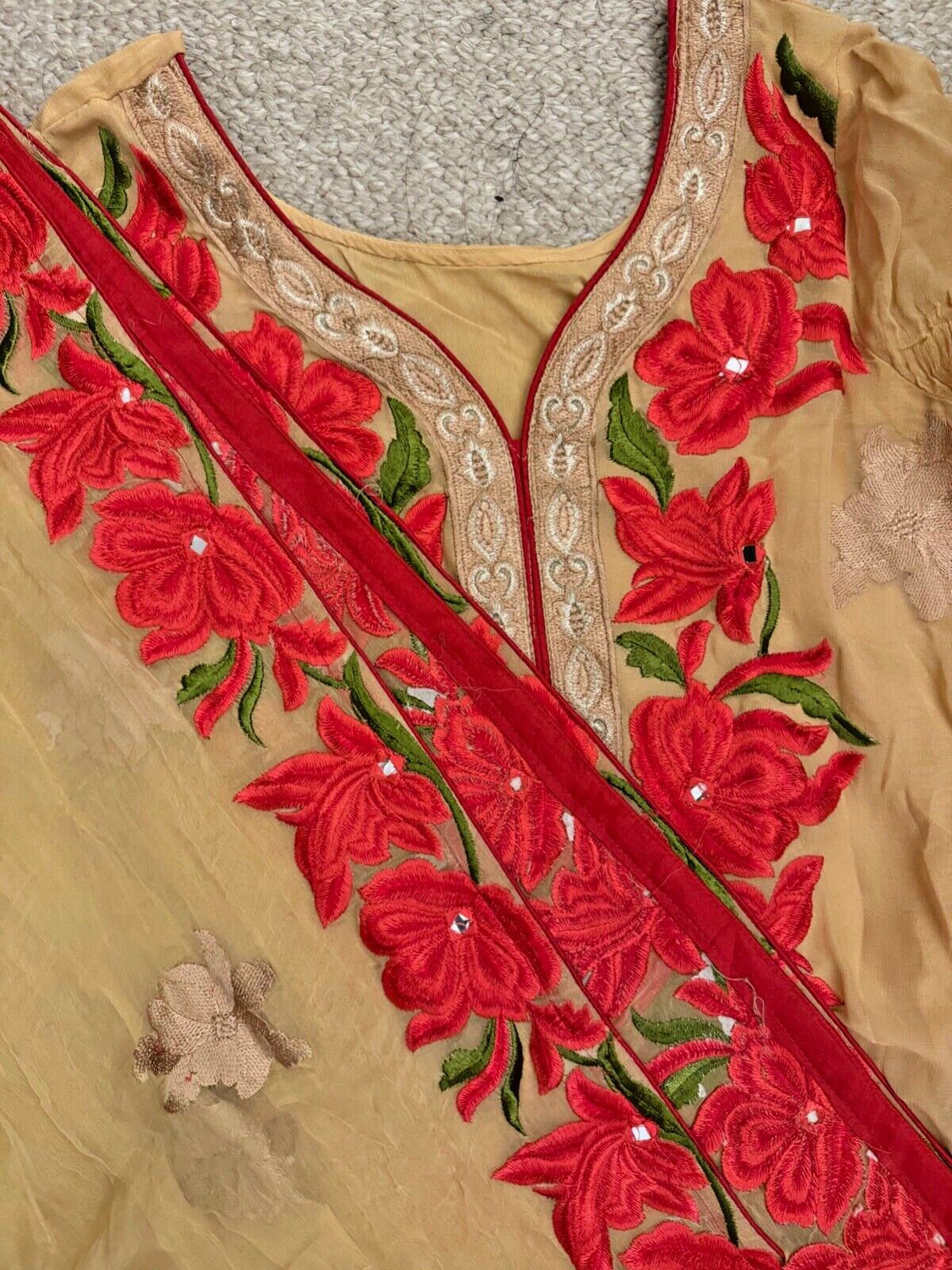 Beige and Red Indian Long Suit, Comfortable and Stunning Dupatta with Pajami