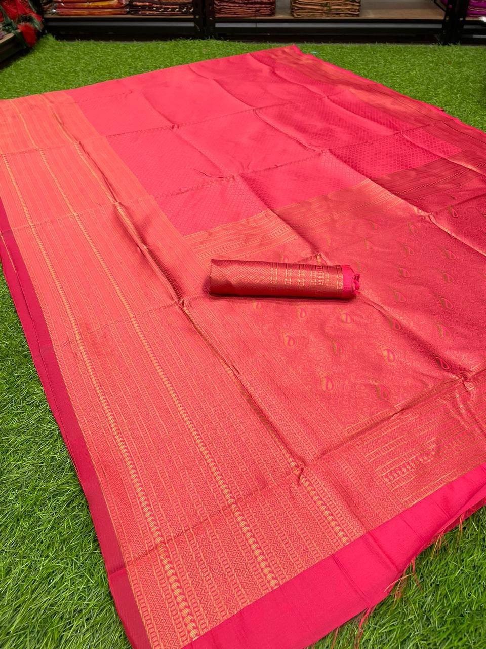 Soft Lichi Silk Saree Jacquard Woven Contrast Blouse Indian Wedding Sari