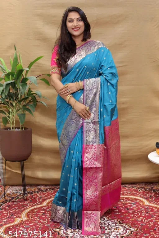 Women’s Banarasi Soft Silk Pure Jari Contrast Border and Pallu Saree with Blouse