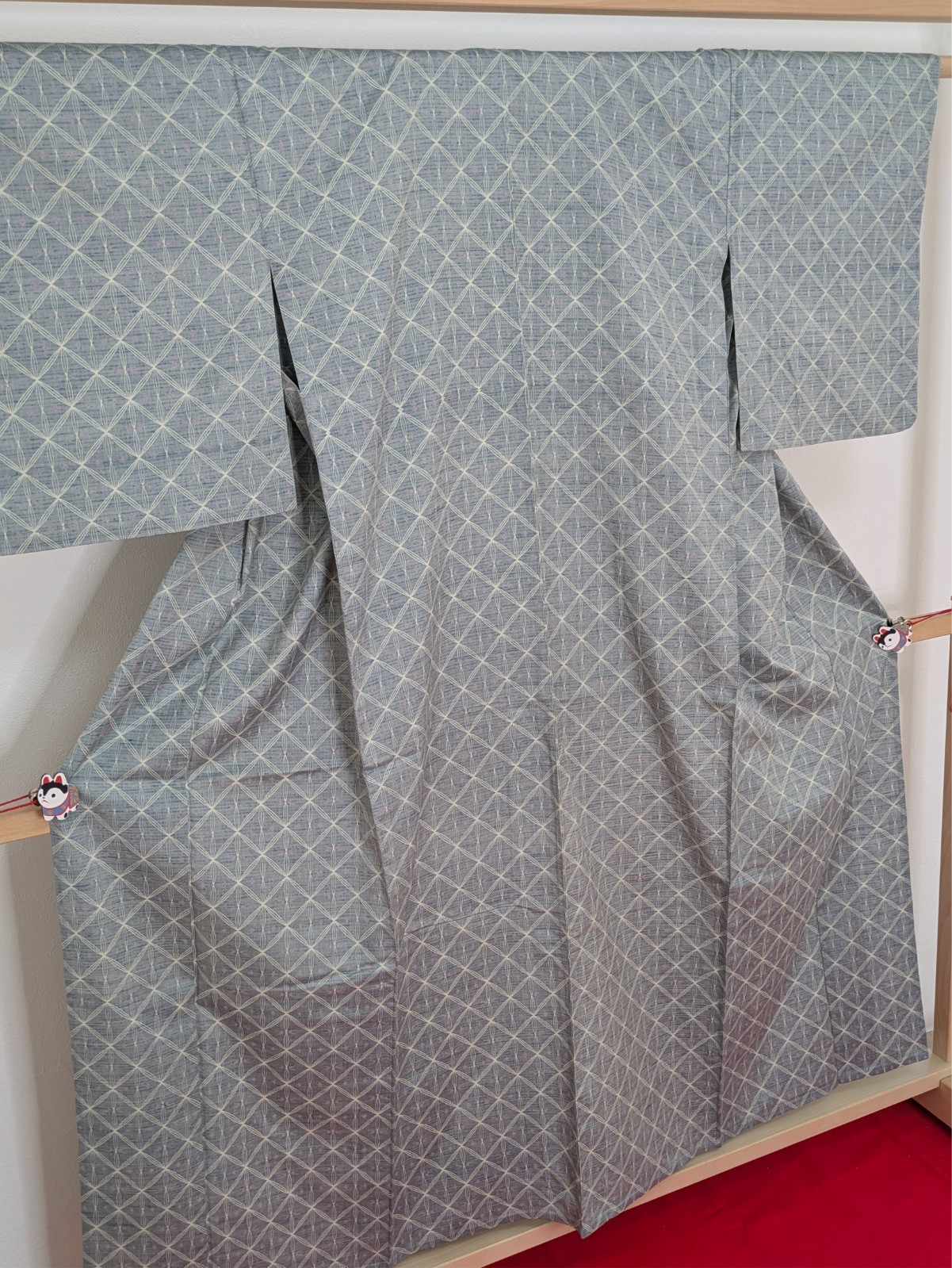 Vintage Japanese Kimono Silk Hitoe Gray White Geometric Pattern Unlined Tsumugi