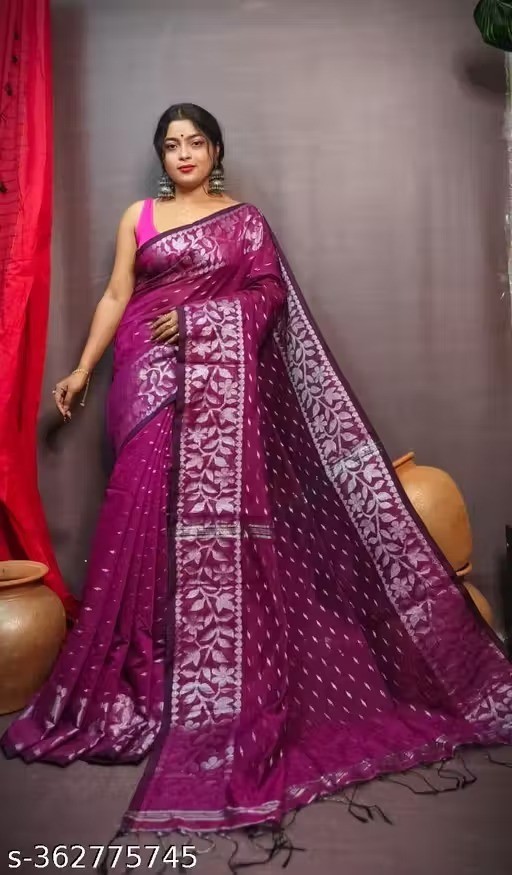 Traditional Bengali Handmade Jamdani Saree With Unstitched Bloused Wedding Wear