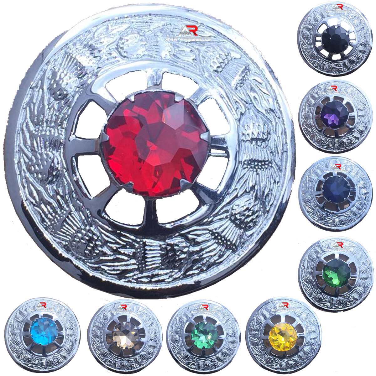 Scottish Kilt Fly Plaid Brooch Stone 3″ Thistle Design Chrome Finish with Reeds
