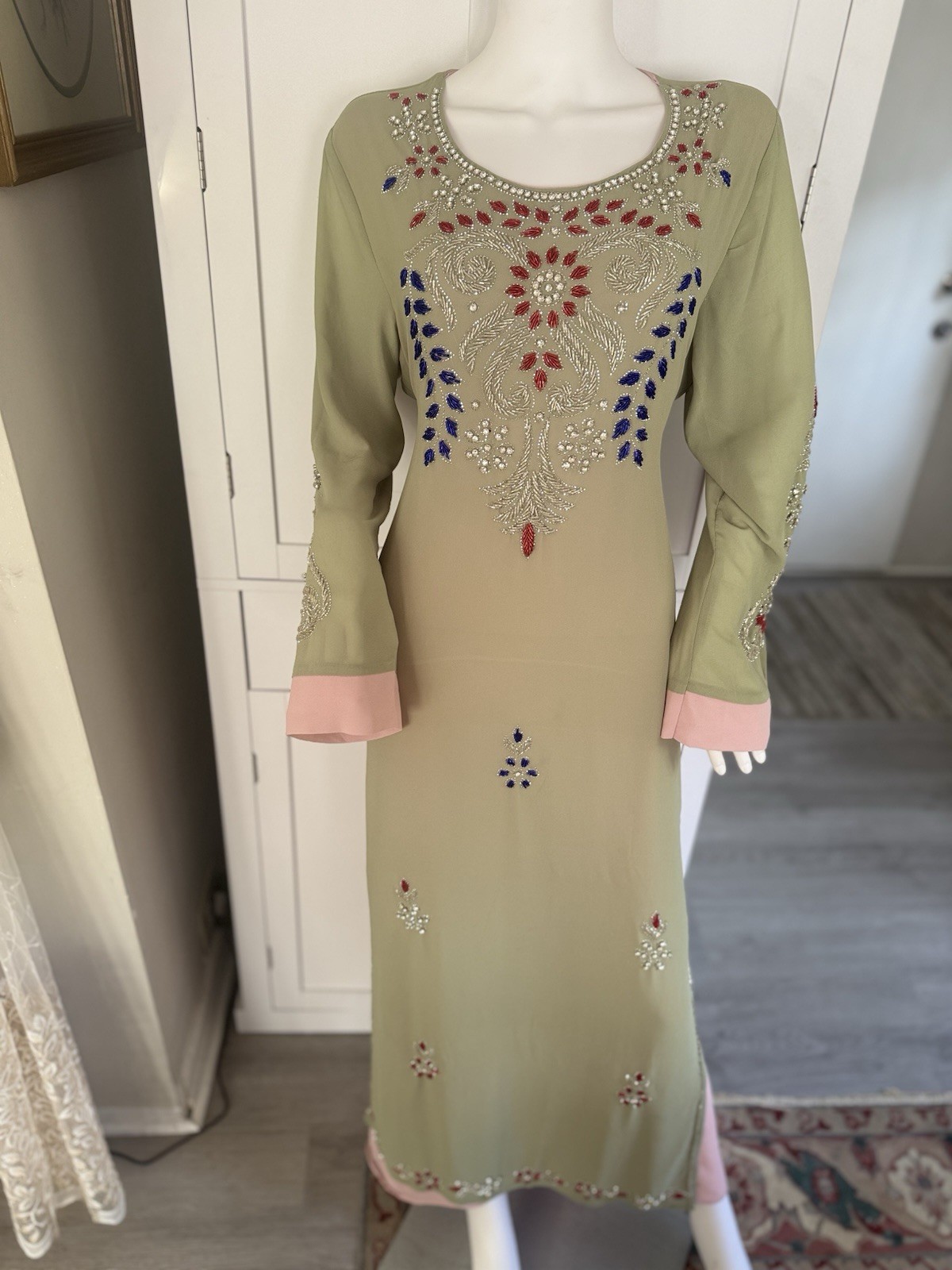 Handmade Women’s green and pink dress Tunic Cotton Blend Chiffon