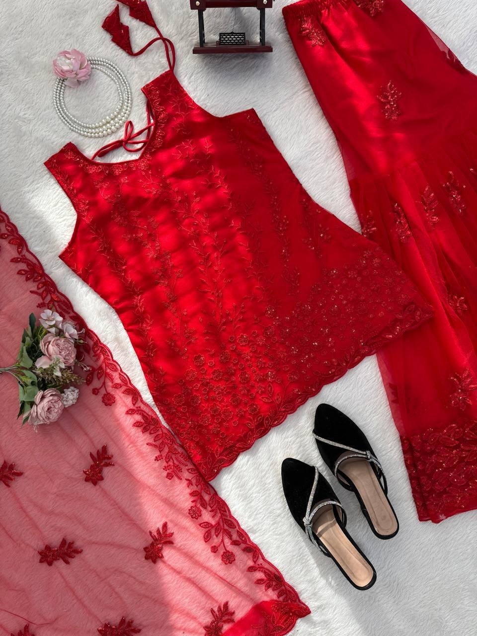 Fashionable Heavy Soft Net Red Top Palazzo With Dupatta For Festival Wear