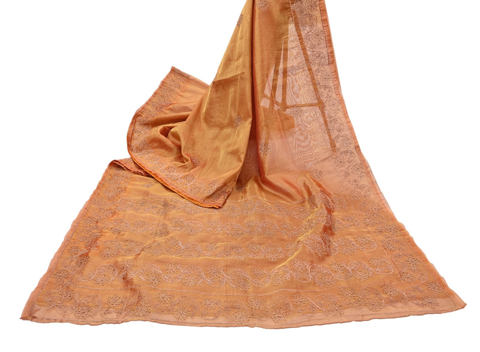 Indian Vintage Saree Hand Embroidered Sari Golden Zardozi Tissue Fabric 5yd
