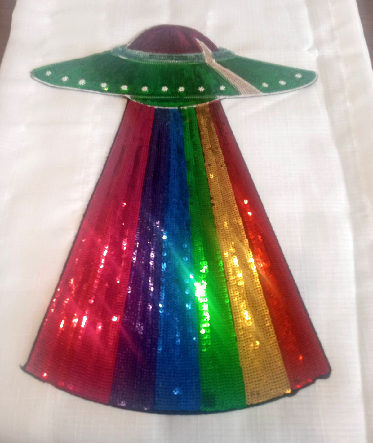 New Iron On Sequined LARGE 14inch Rainbow UFO Applique
