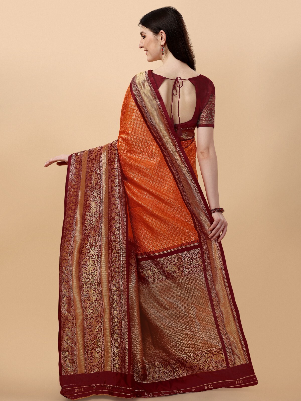 Areca Designer Kajukatri Silk Orange saree blouses women Saree cut-5.5 meter